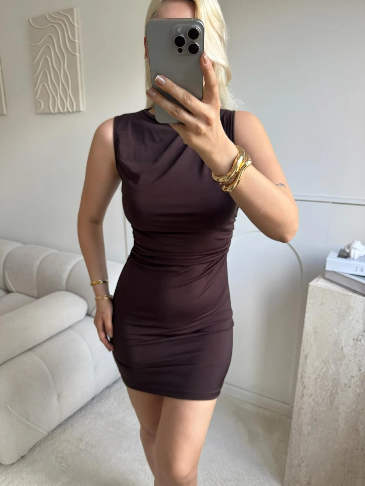 Yan Drapeli Mini Elbise - KAHVE