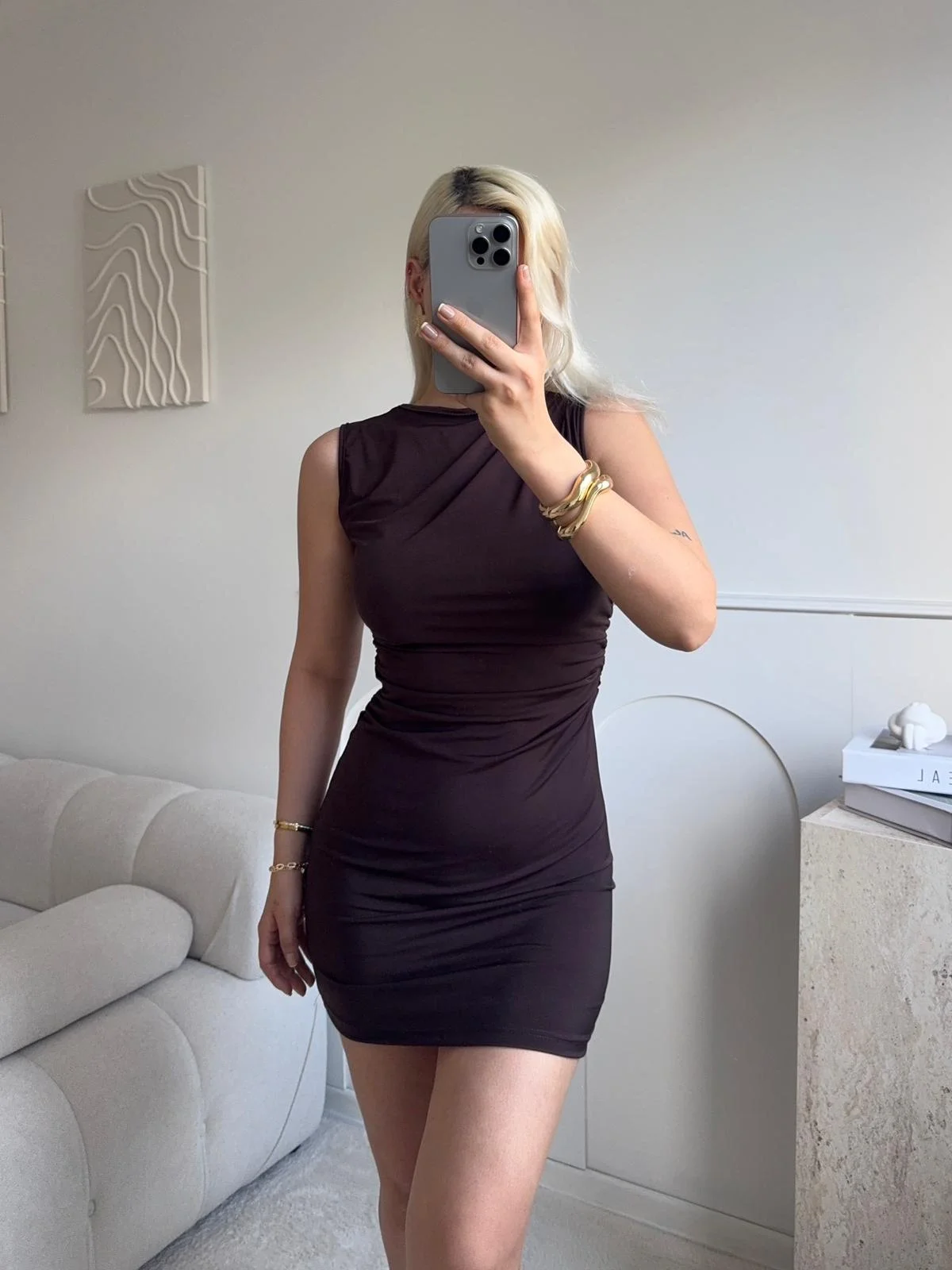 Yan Drapeli Mini Elbise - KAHVE