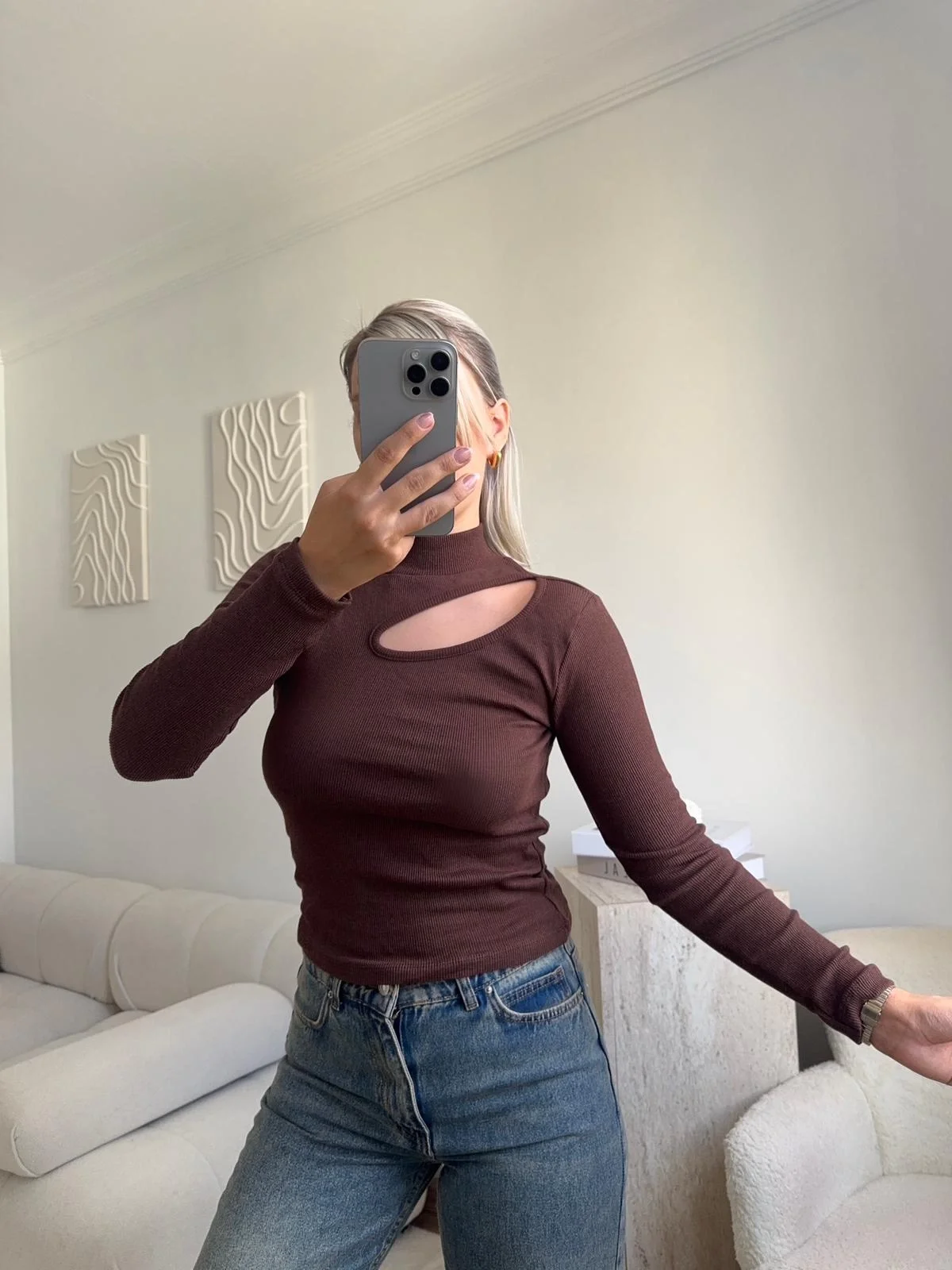 Yarım Balıkçı Omuz Damla Bluz - KAHVE