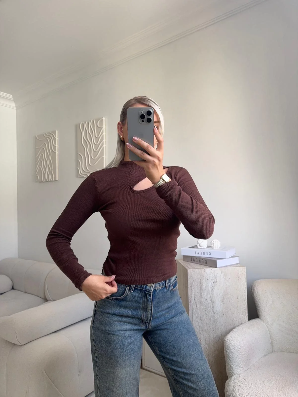 Yarım Balıkçı Omuz Damla Bluz - KAHVE