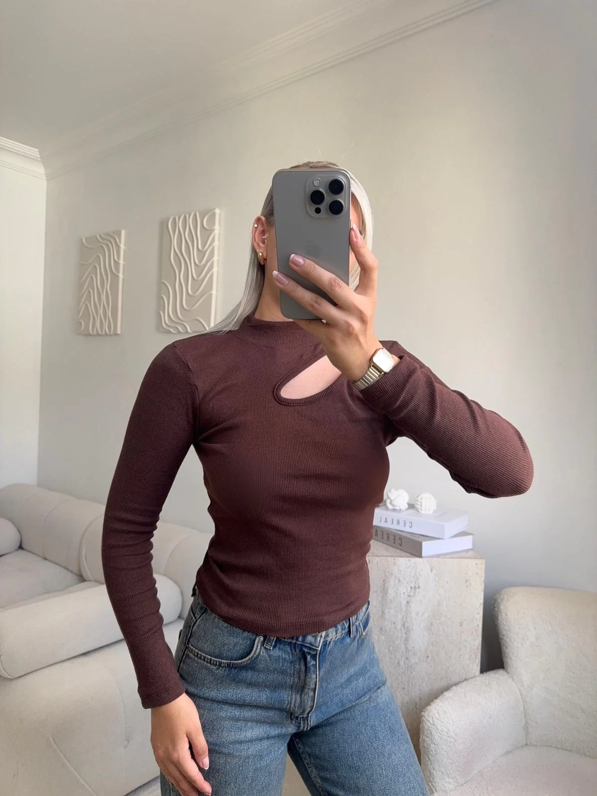 Yarım Balıkçı Omuz Damla Bluz - KAHVE