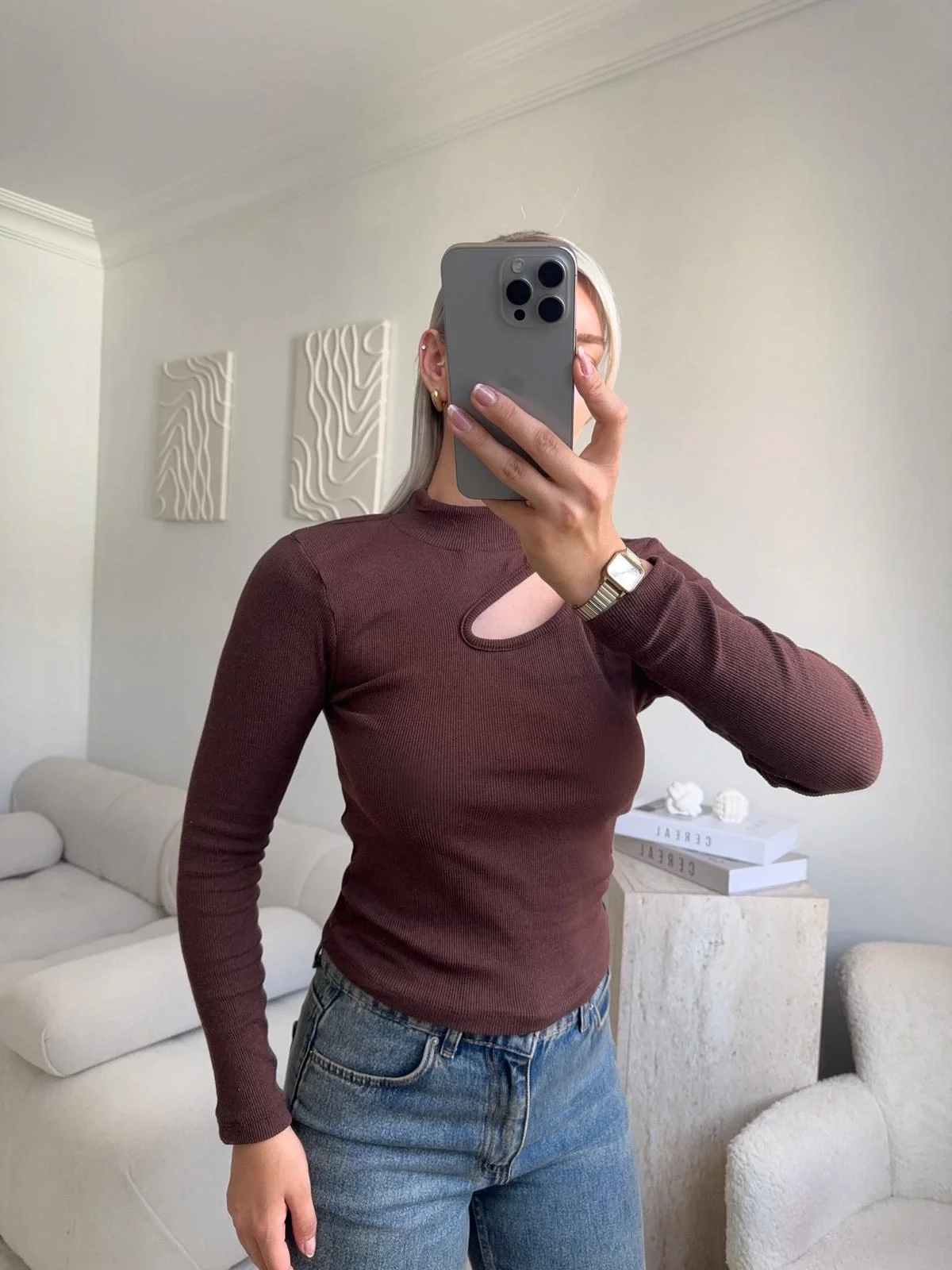 Yarım Balıkçı Omuz Damla Bluz - KAHVE