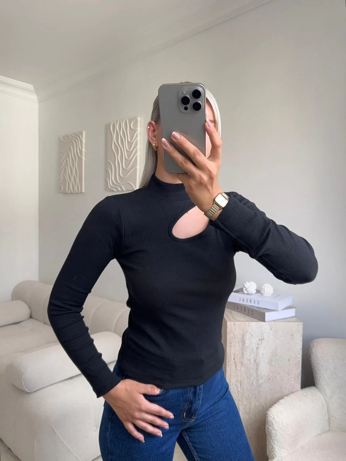 Yarım Balıkçı Omuz Damla Bluz - SİYAH