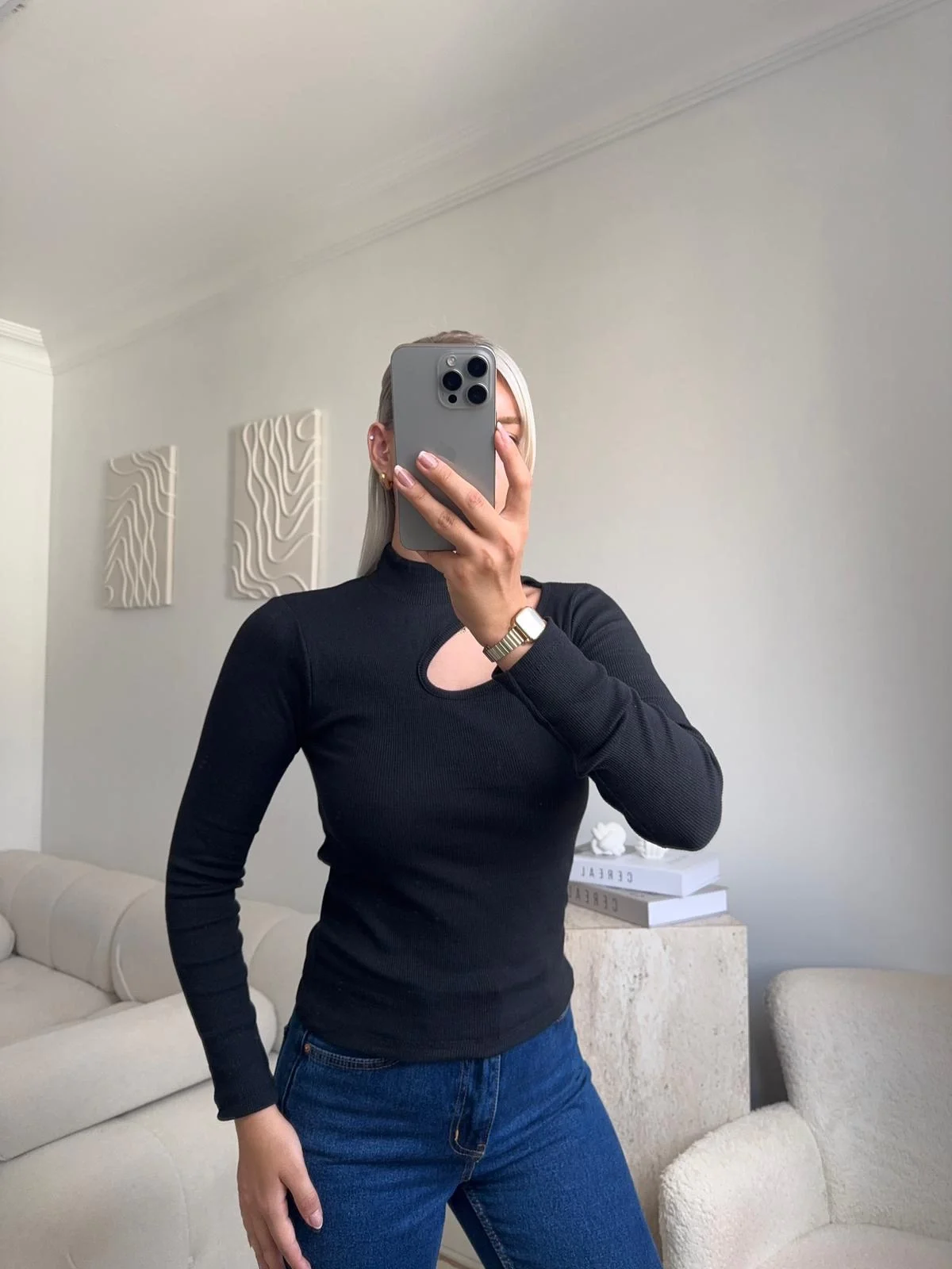 Yarım Balıkçı Omuz Damla Bluz - SİYAH