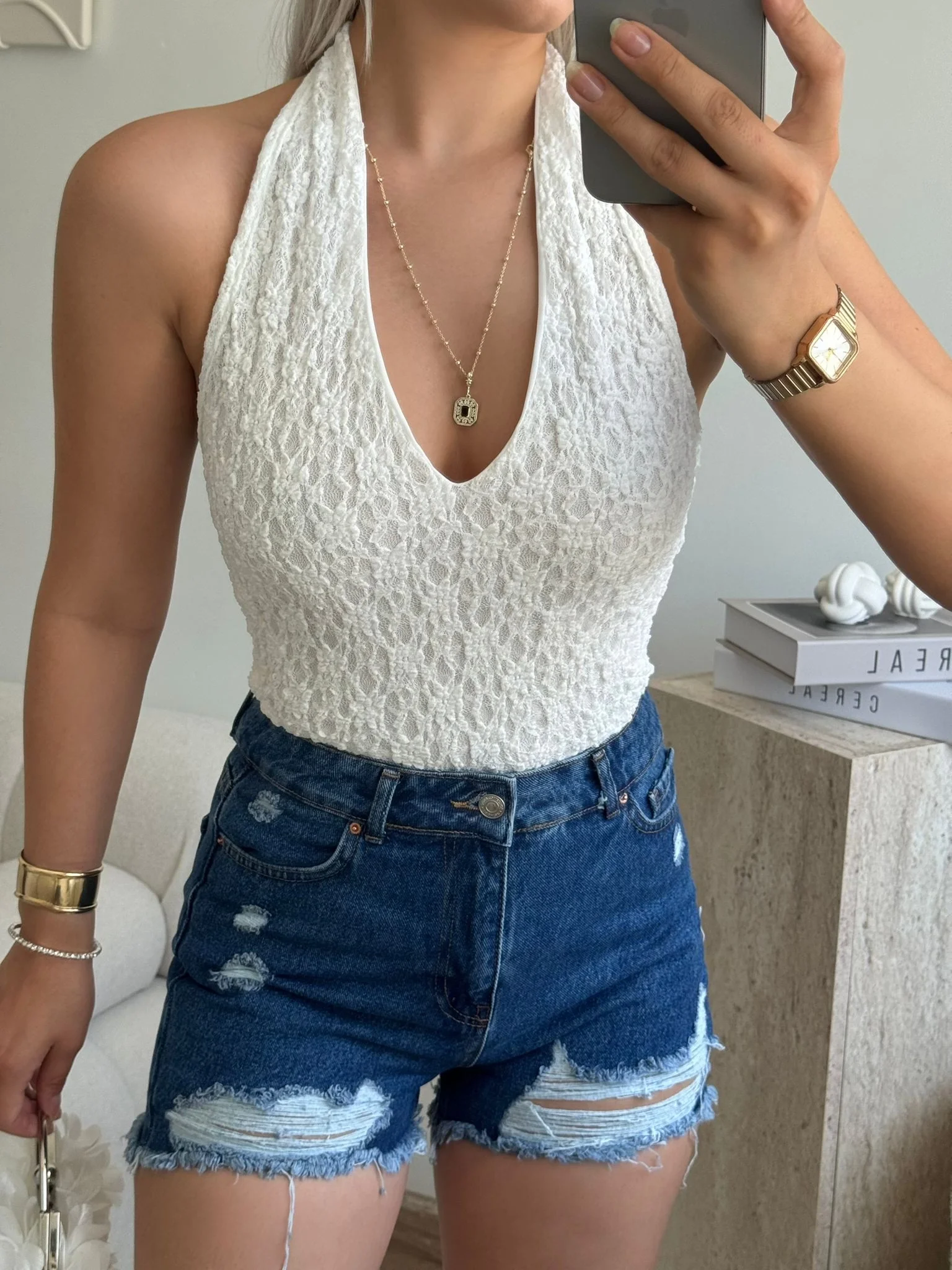 Yırtık Lazer Kot Şort - KOYU MAVİ