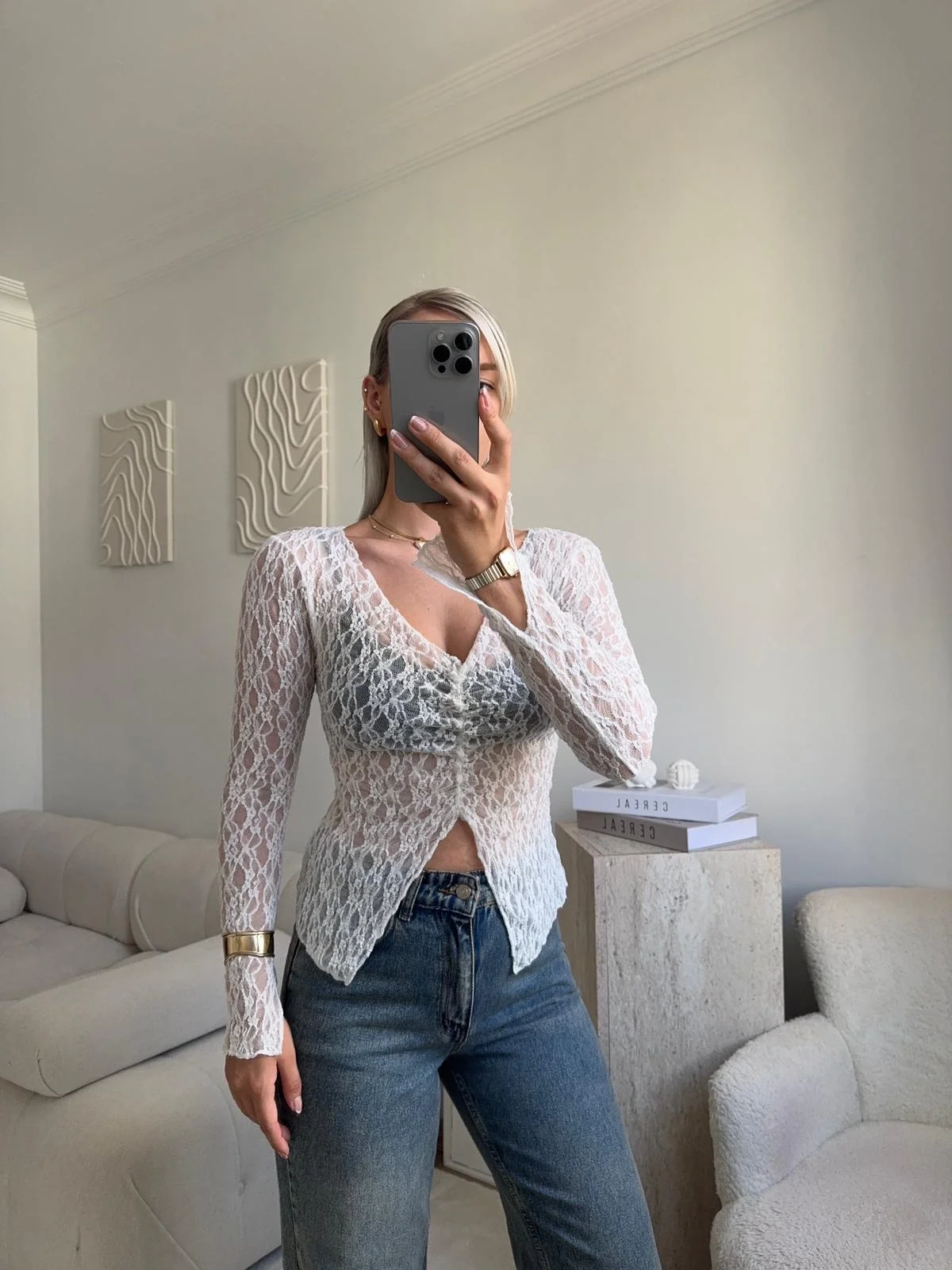 Yırtmaç Detay Dantel Crop - BEYAZ