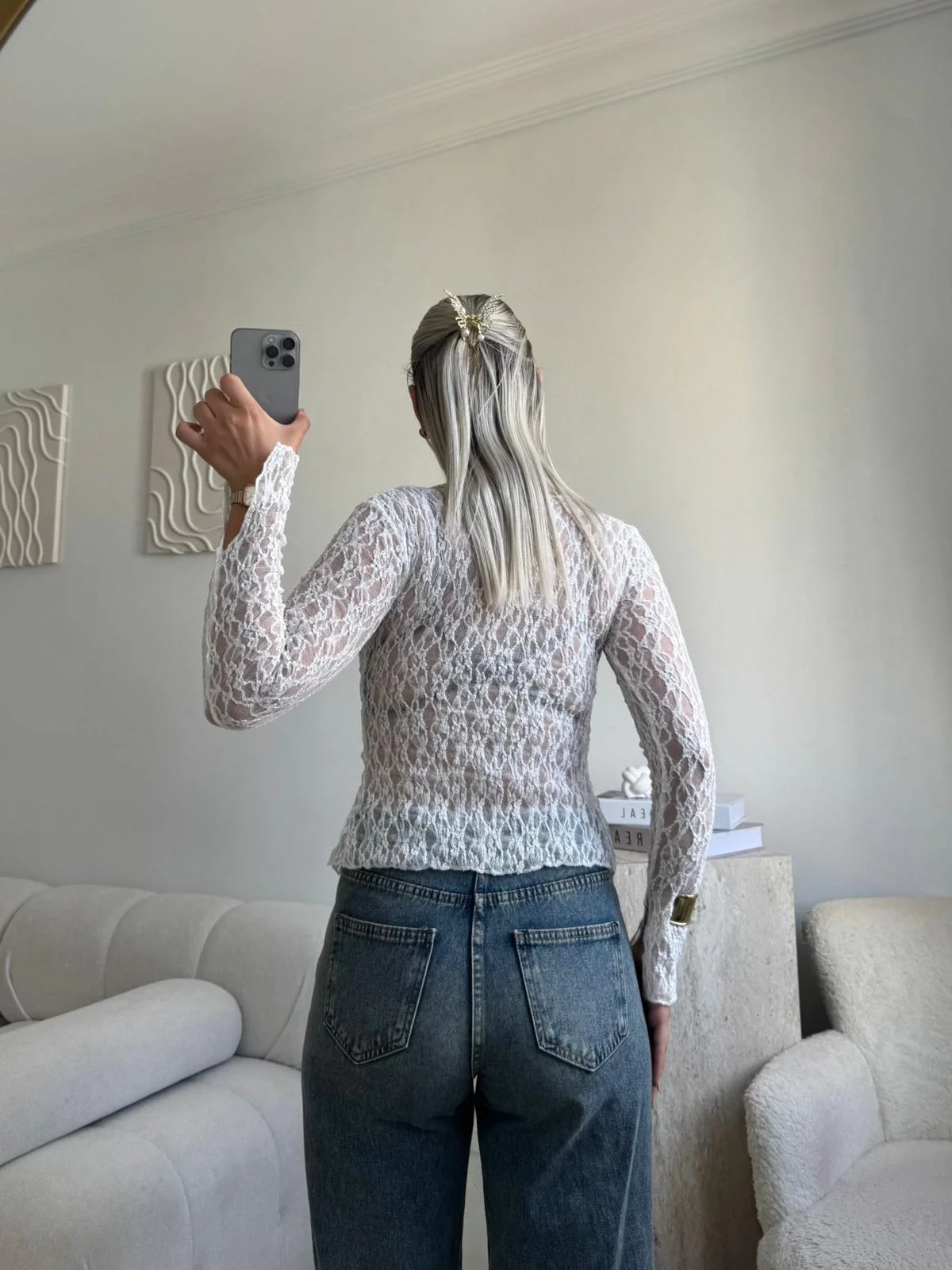 Yırtmaç Detay Dantel Crop - BEYAZ