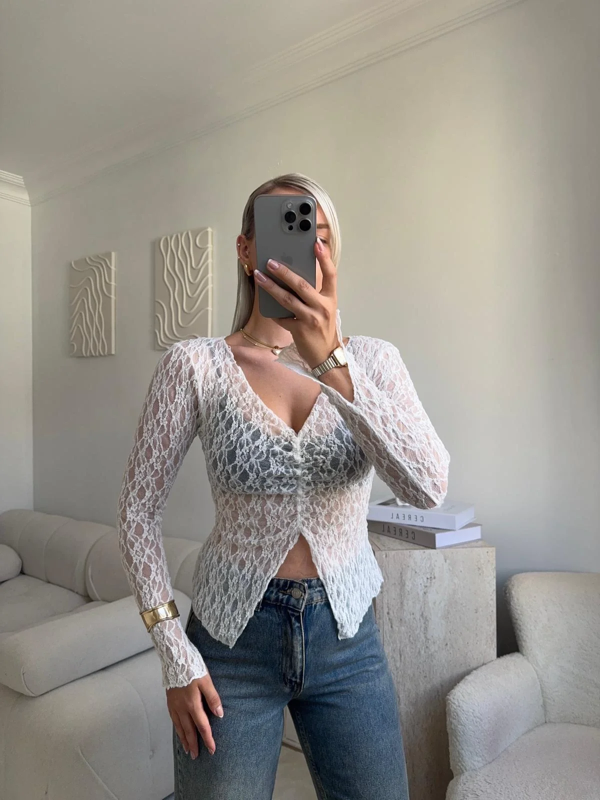 Yırtmaç Detay Dantel Crop - BEYAZ