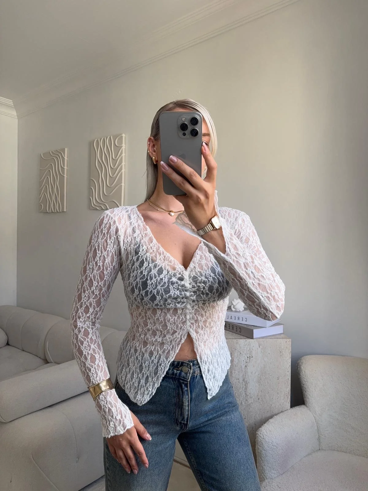 Yırtmaç Detay Dantel Crop - BEYAZ