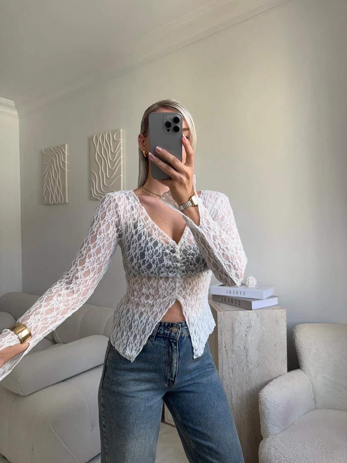 Yırtmaç Detay Dantel Crop - BEYAZ