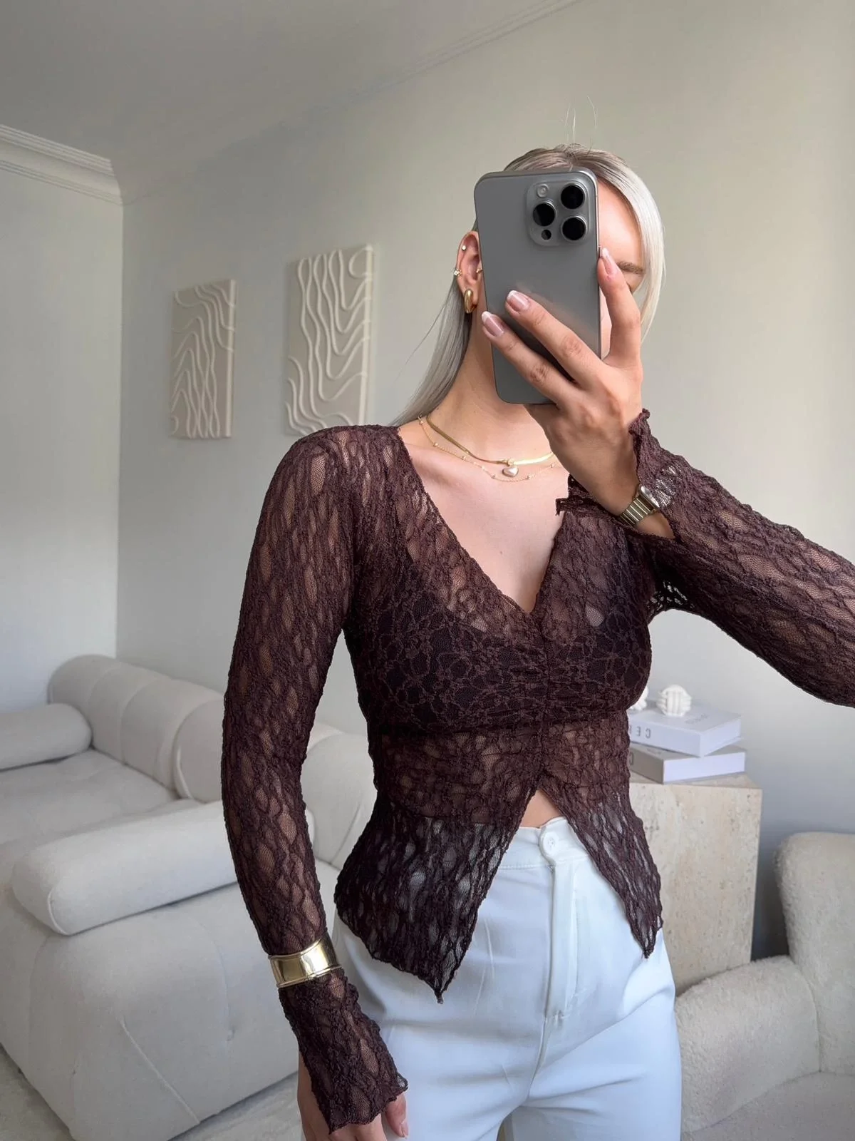 Yırtmaç Detay Dantel Crop - KAHVE