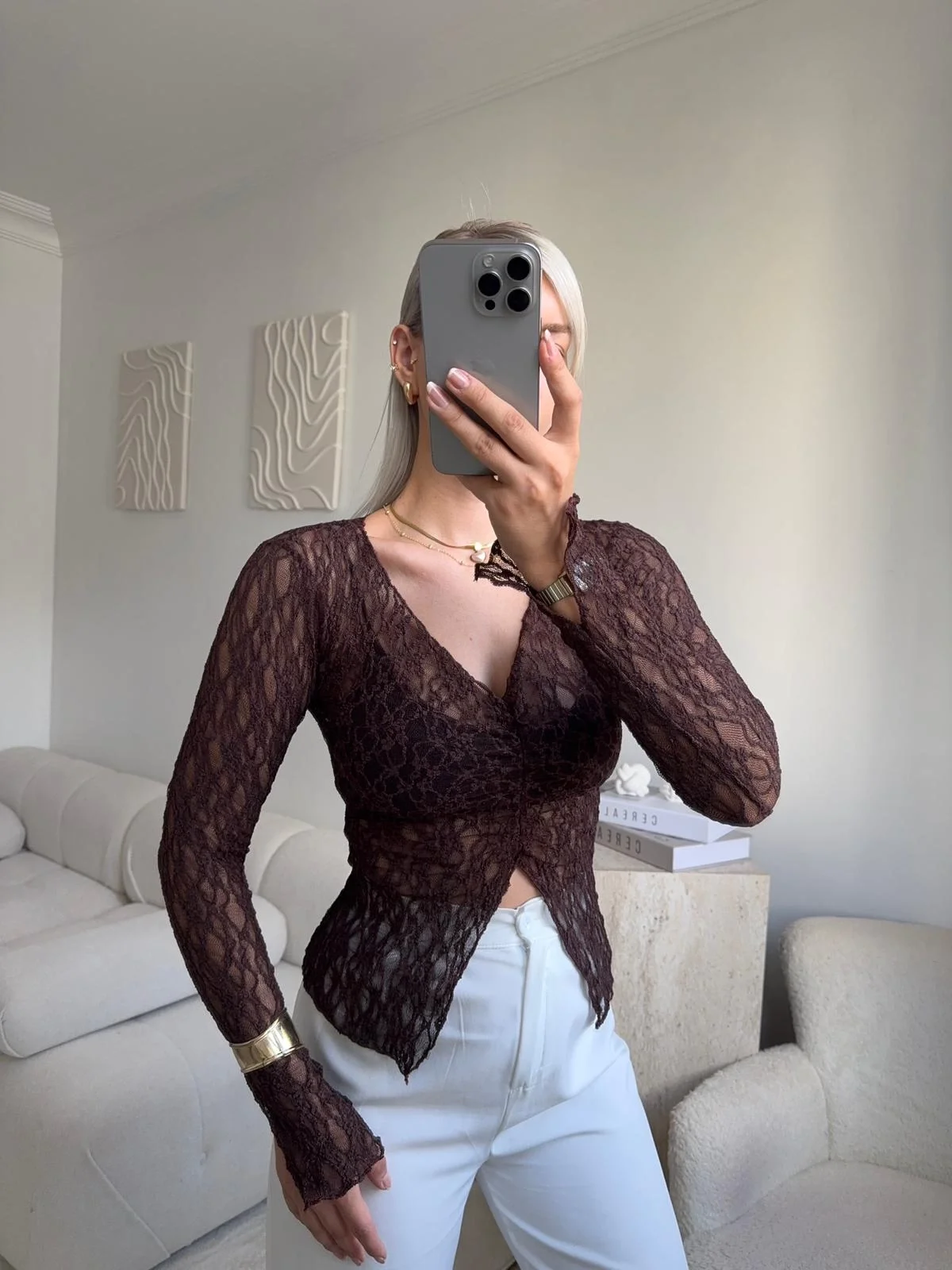 Yırtmaç Detay Dantel Crop - KAHVE