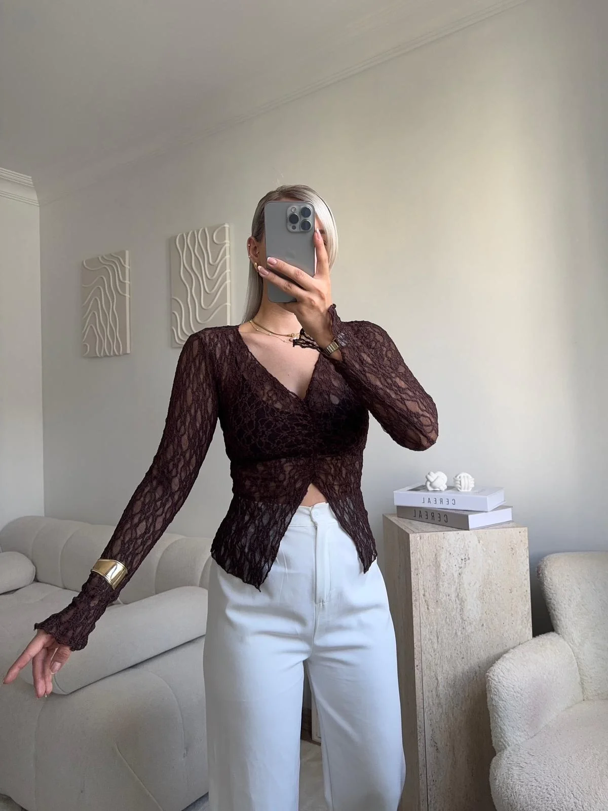 Yırtmaç Detay Dantel Crop - KAHVE