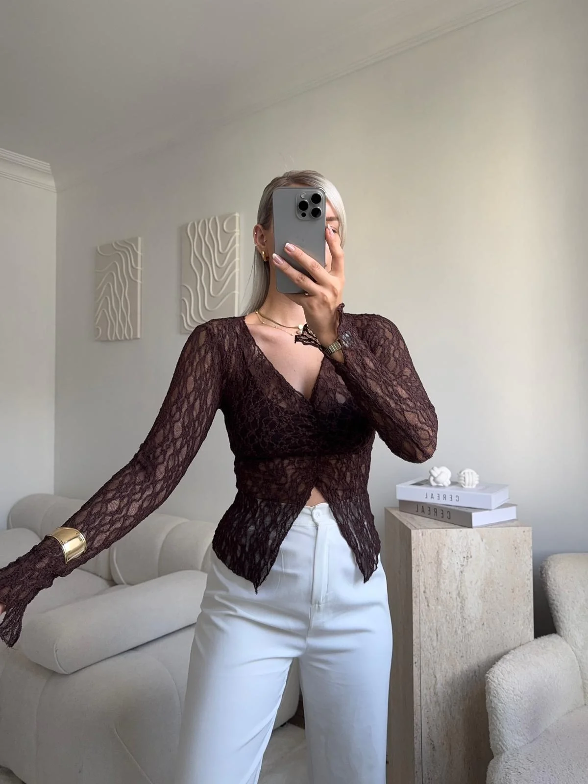 Yırtmaç Detay Dantel Crop - KAHVE