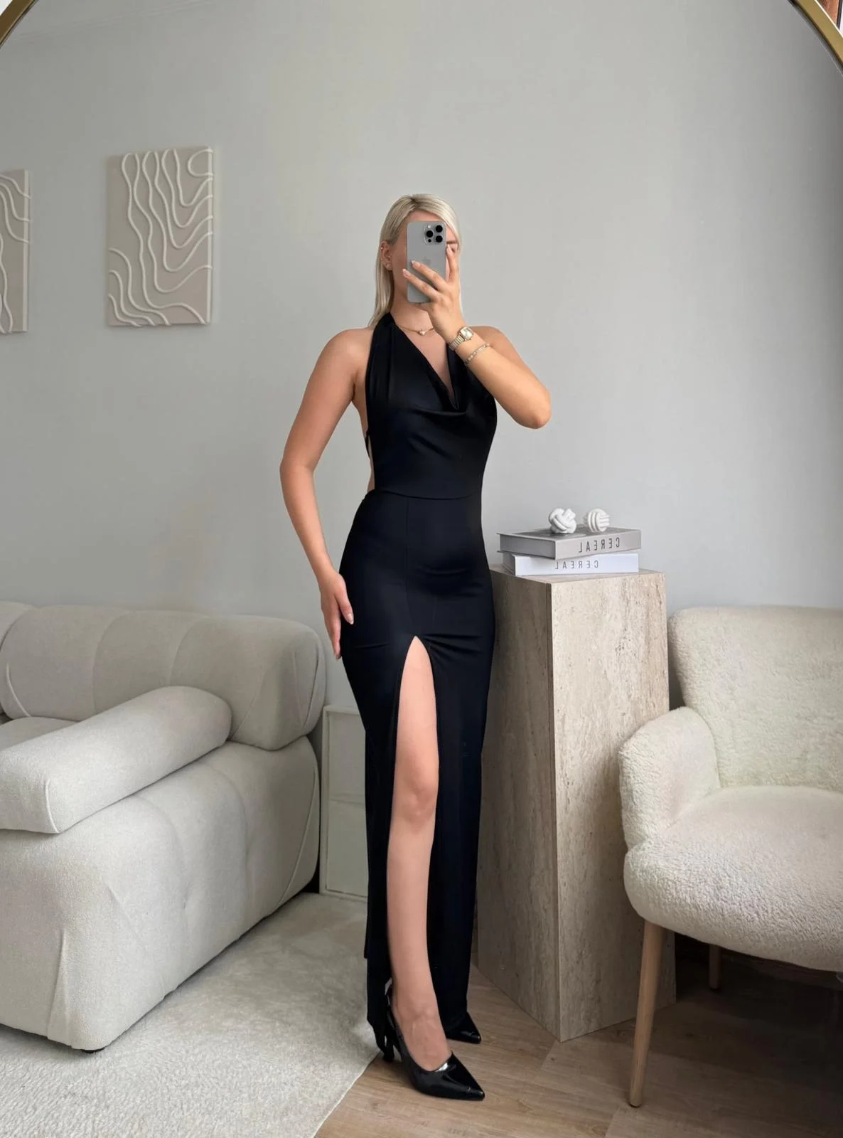 Yırtmaçlı Bağlamalı Uzun Elbise - SİYAH