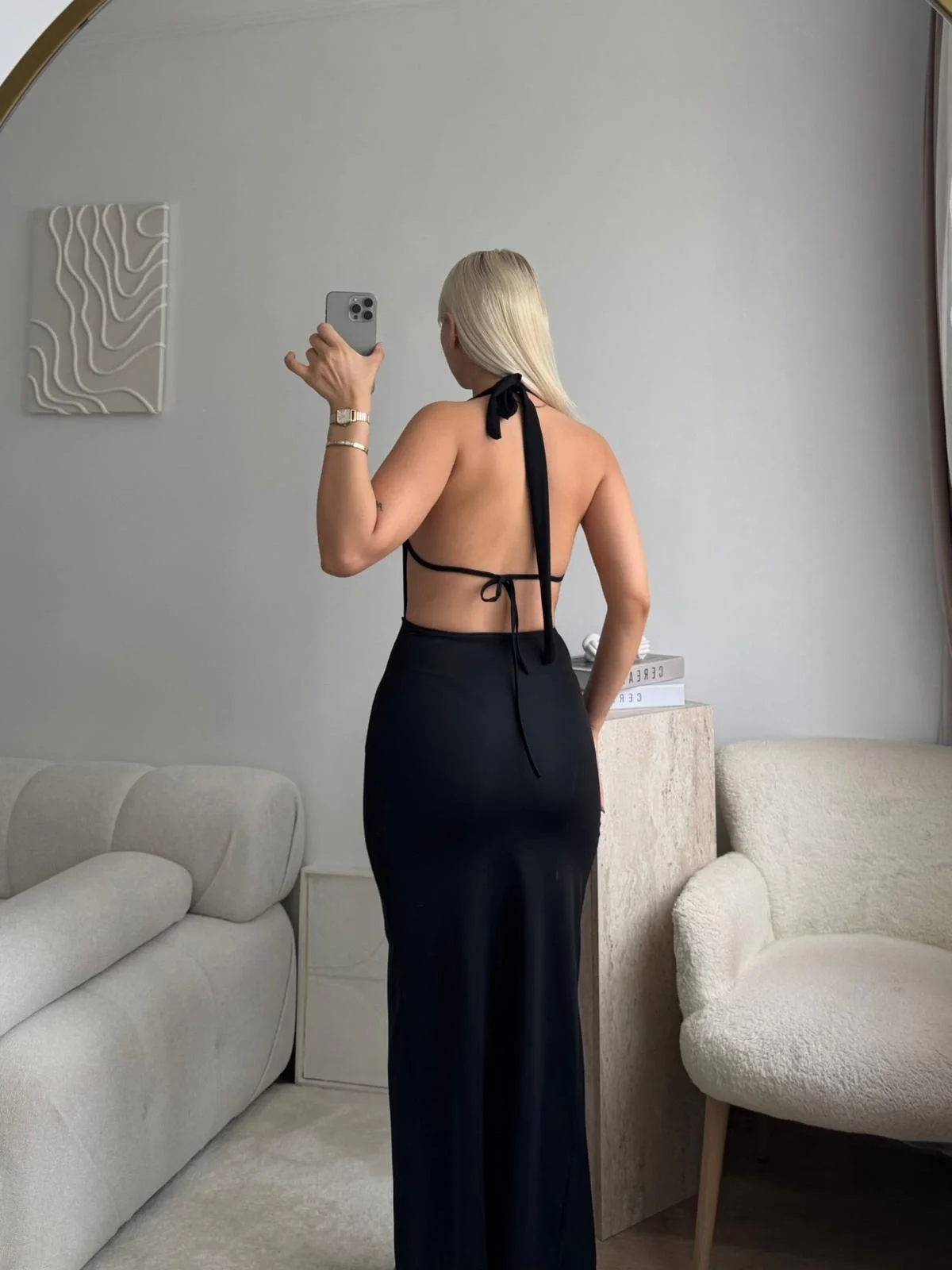 Yırtmaçlı Bağlamalı Uzun Elbise - SİYAH