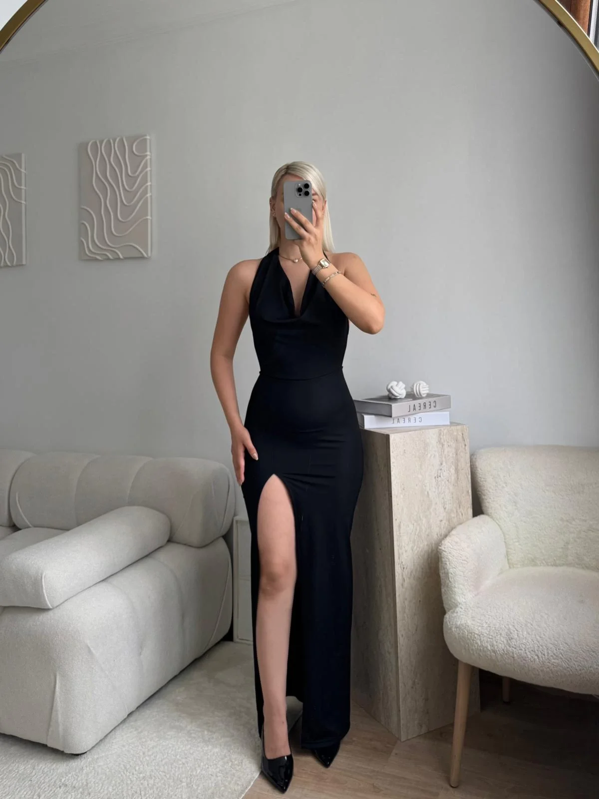 Yırtmaçlı Bağlamalı Uzun Elbise - SİYAH