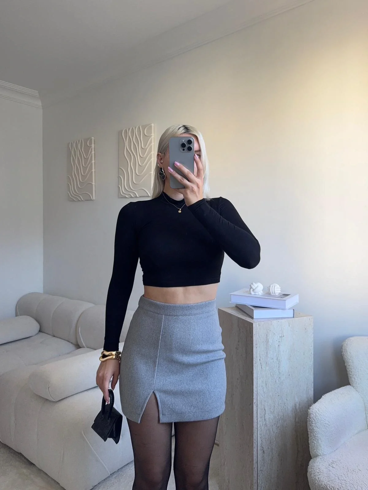 Yırtmaçlı Kaşe Etek - GRİ