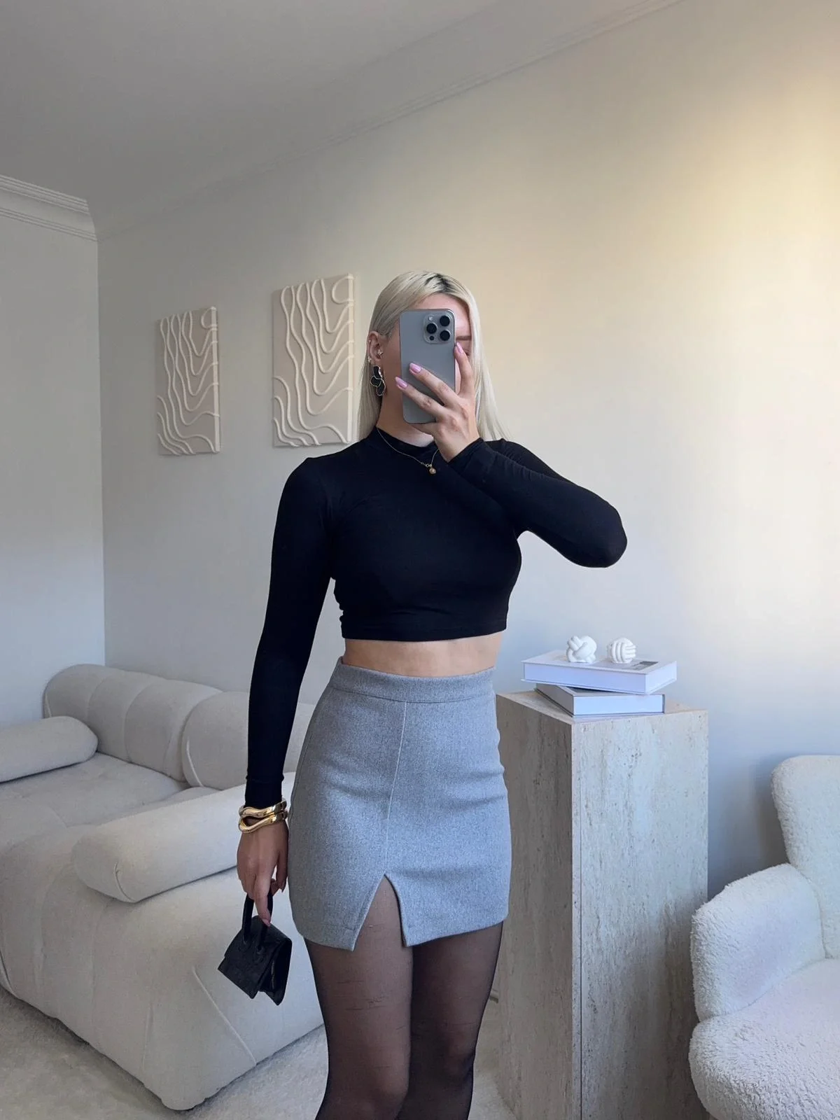 Yırtmaçlı Kaşe Etek - GRİ