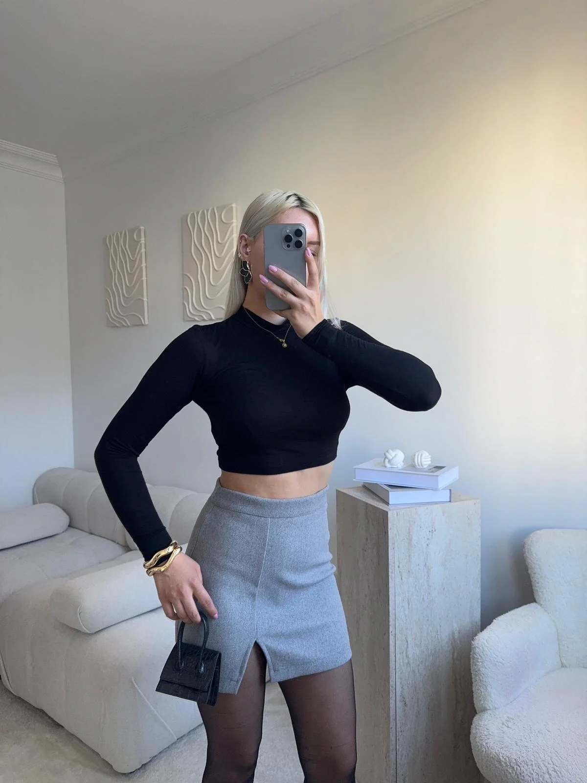 Yırtmaçlı Kaşe Etek - GRİ