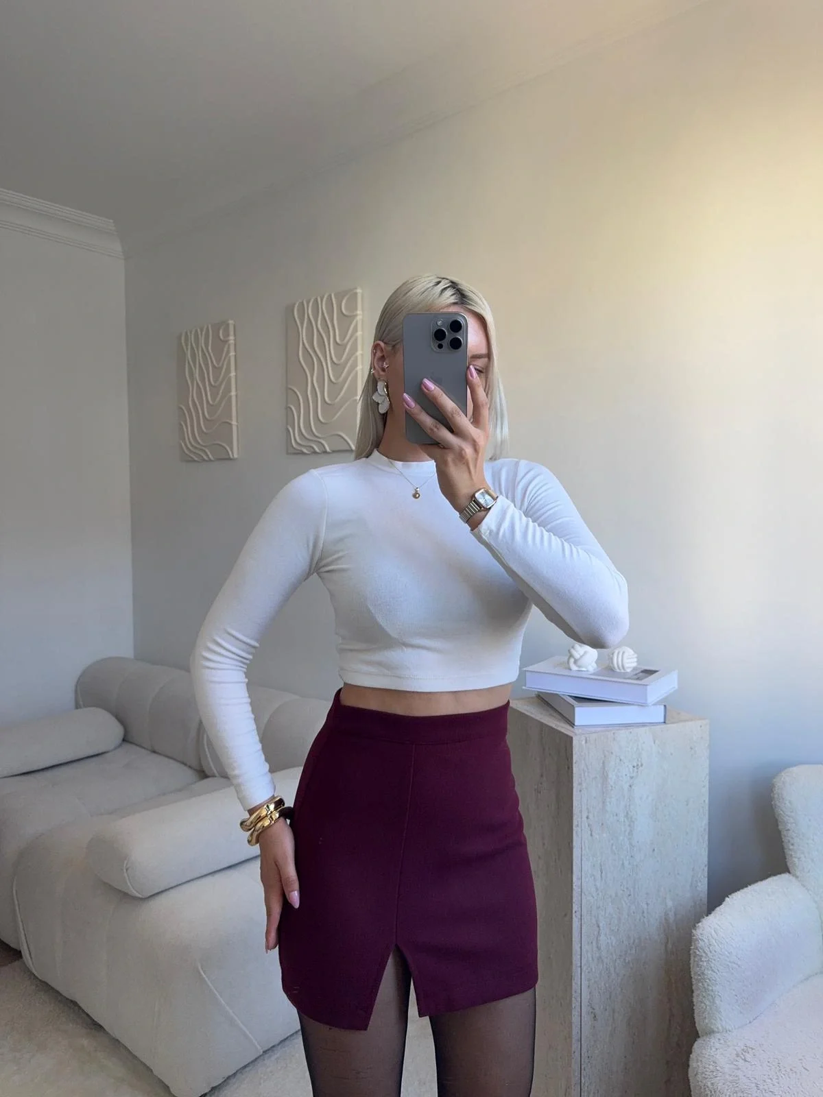 Yırtmaçlı Kaşe Etek - BORDO