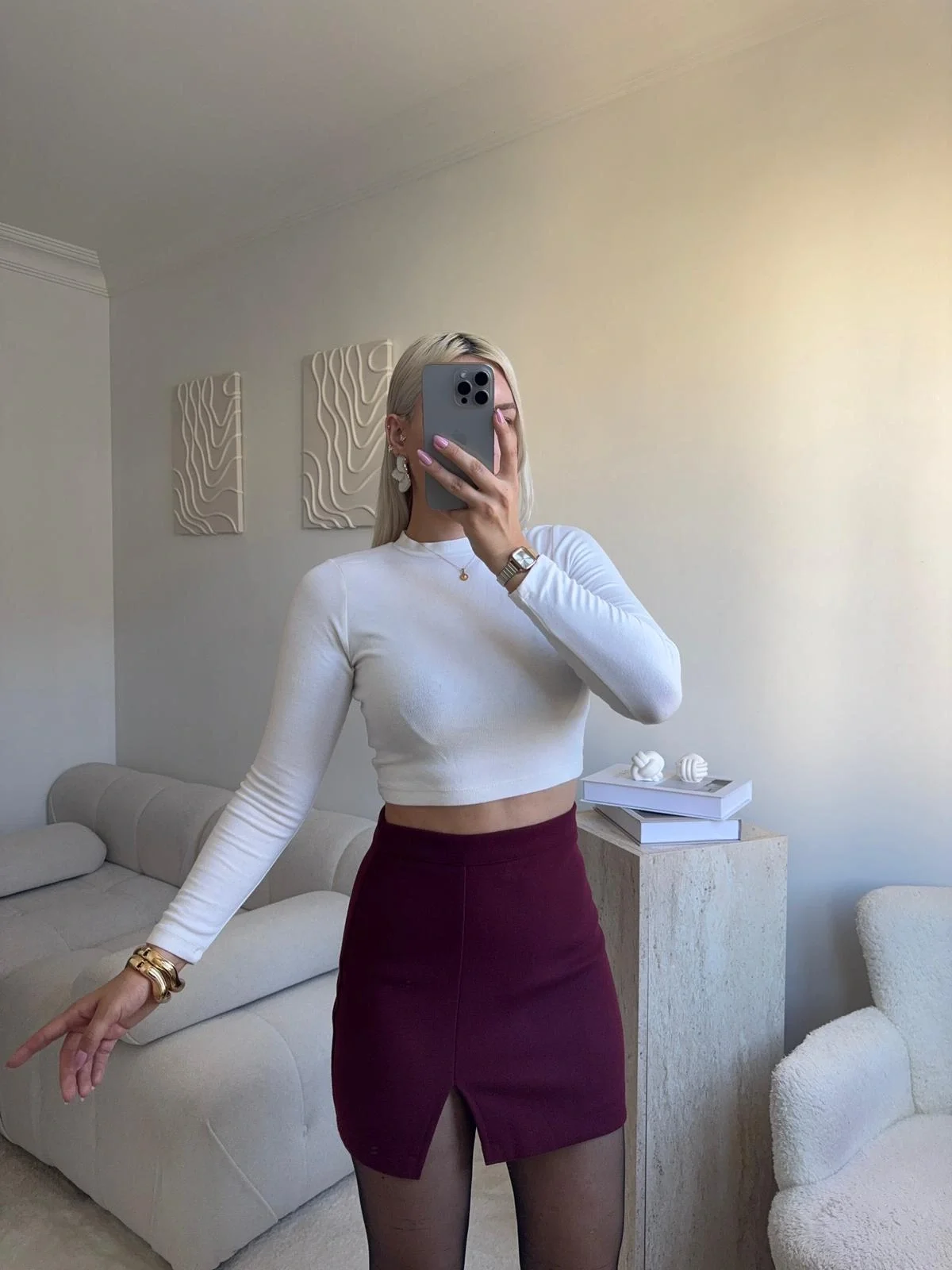 Yırtmaçlı Kaşe Etek - BORDO