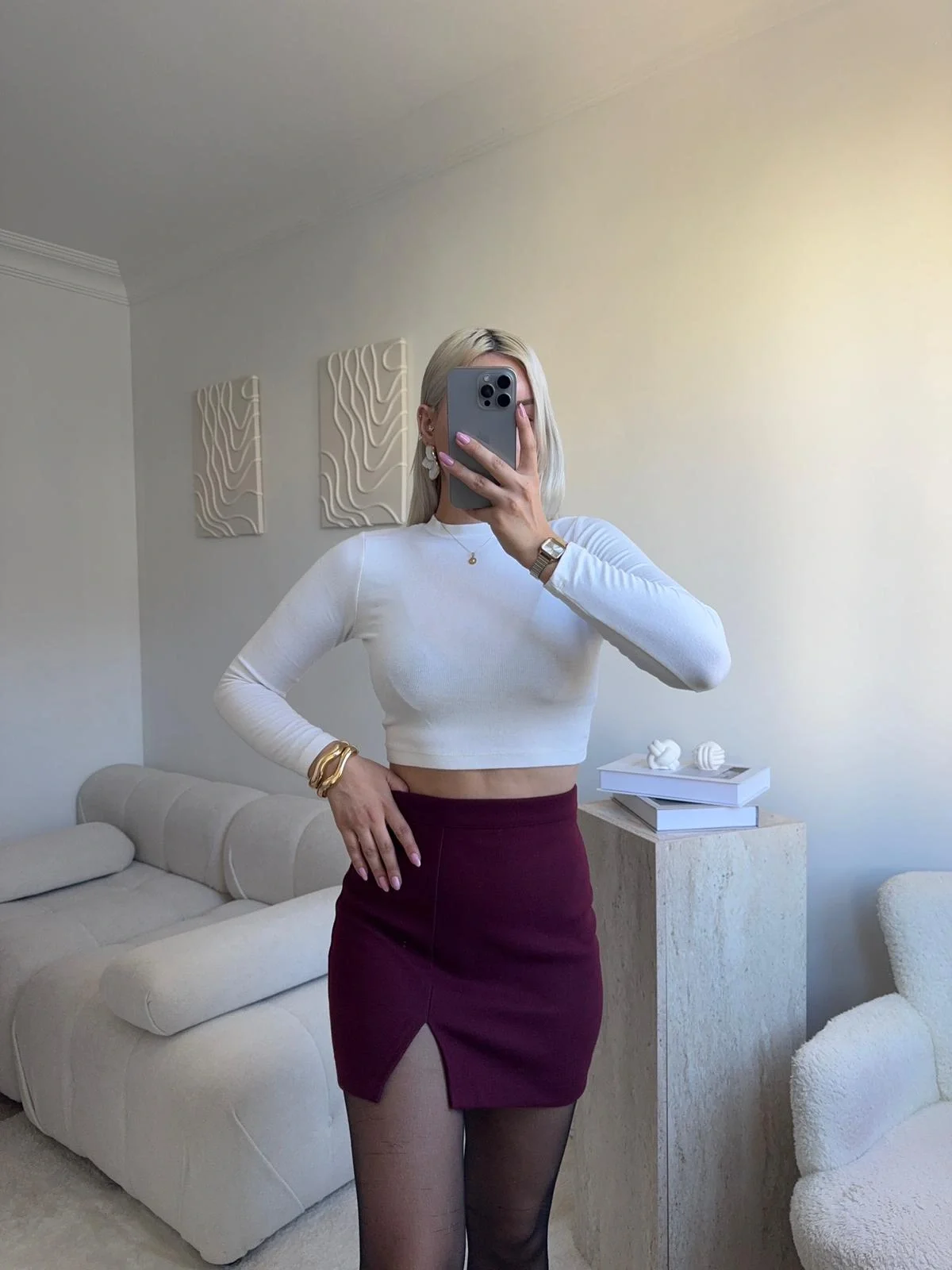 Yırtmaçlı Kaşe Etek - BORDO