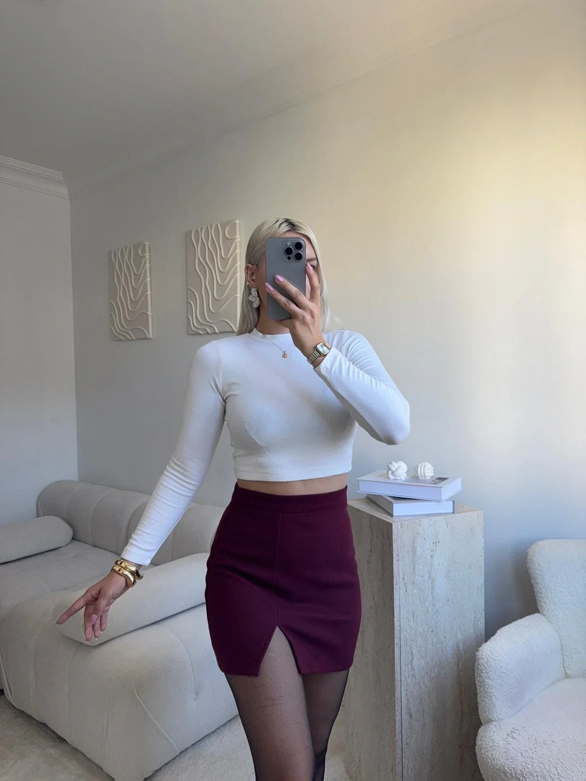 Yırtmaçlı Kaşe Etek - BORDO