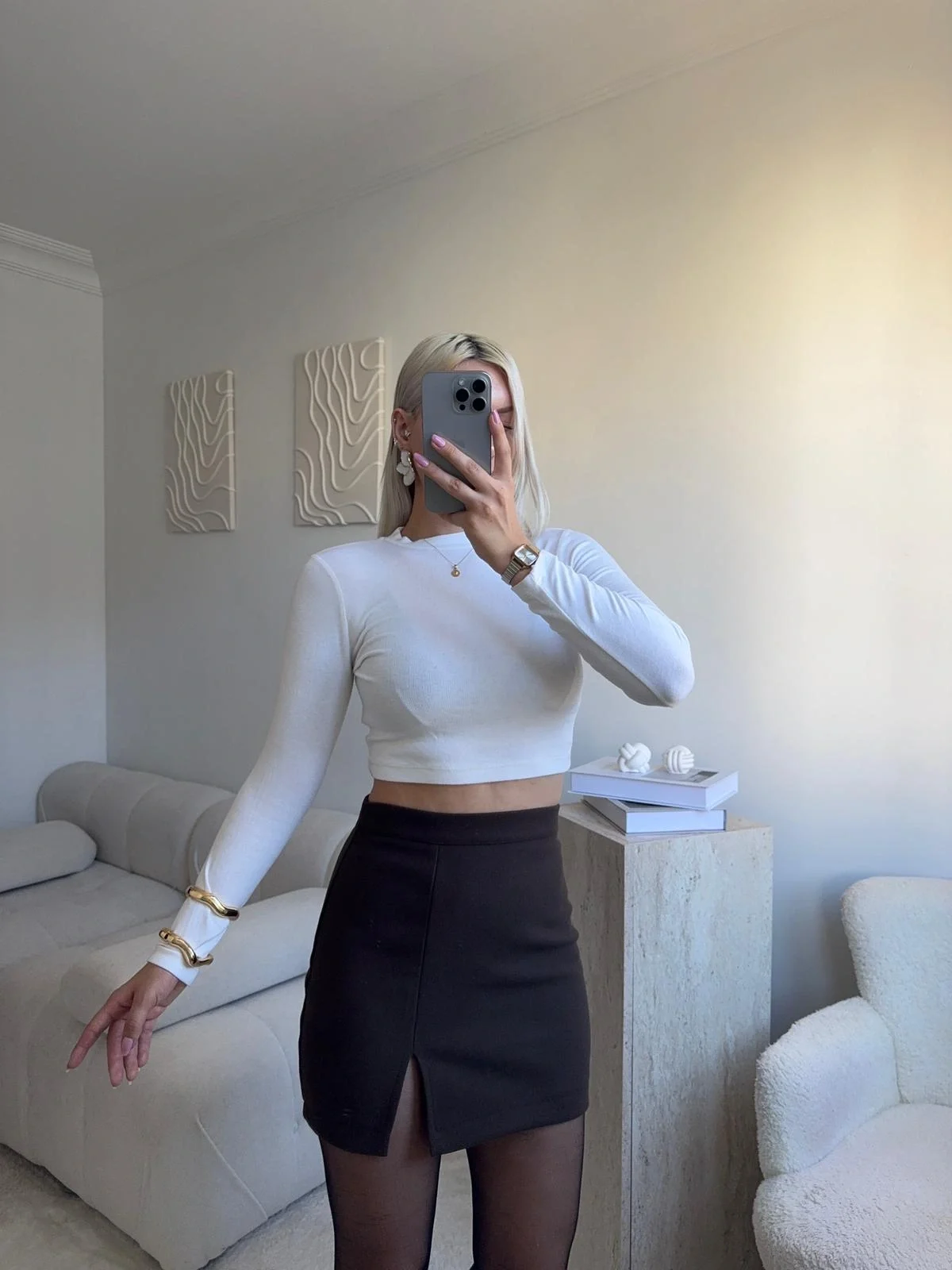 Yırtmaçlı Kaşe Etek - KAHVE