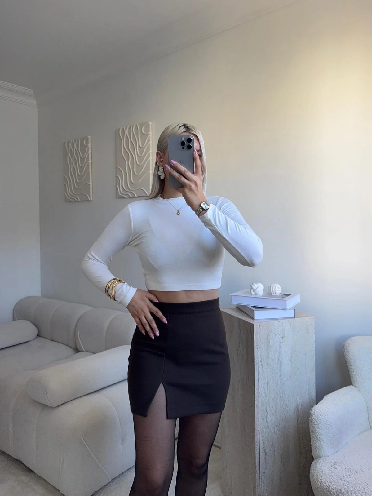 Yırtmaçlı Kaşe Etek - KAHVE