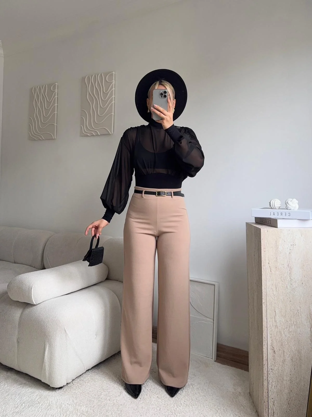 Yüksek Bel Geniş Paça Kumaş Pantolon - BEJ