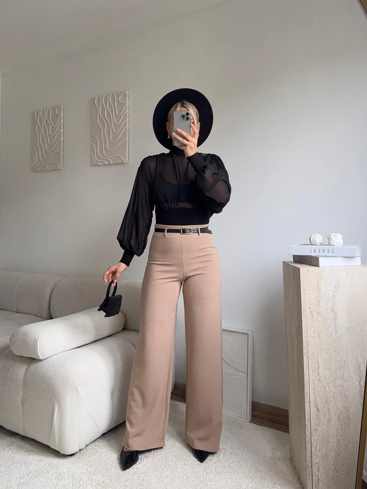 Yüksek Bel Geniş Paça Kumaş Pantolon - BEJ