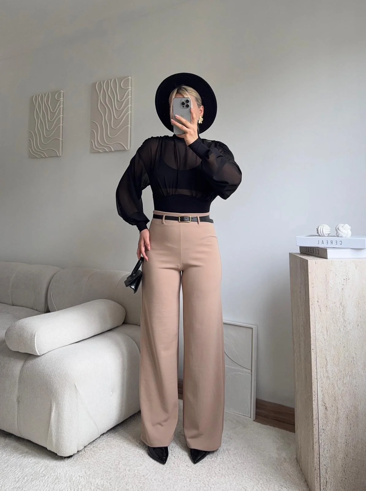 Yüksek Bel Geniş Paça Kumaş Pantolon - BEJ