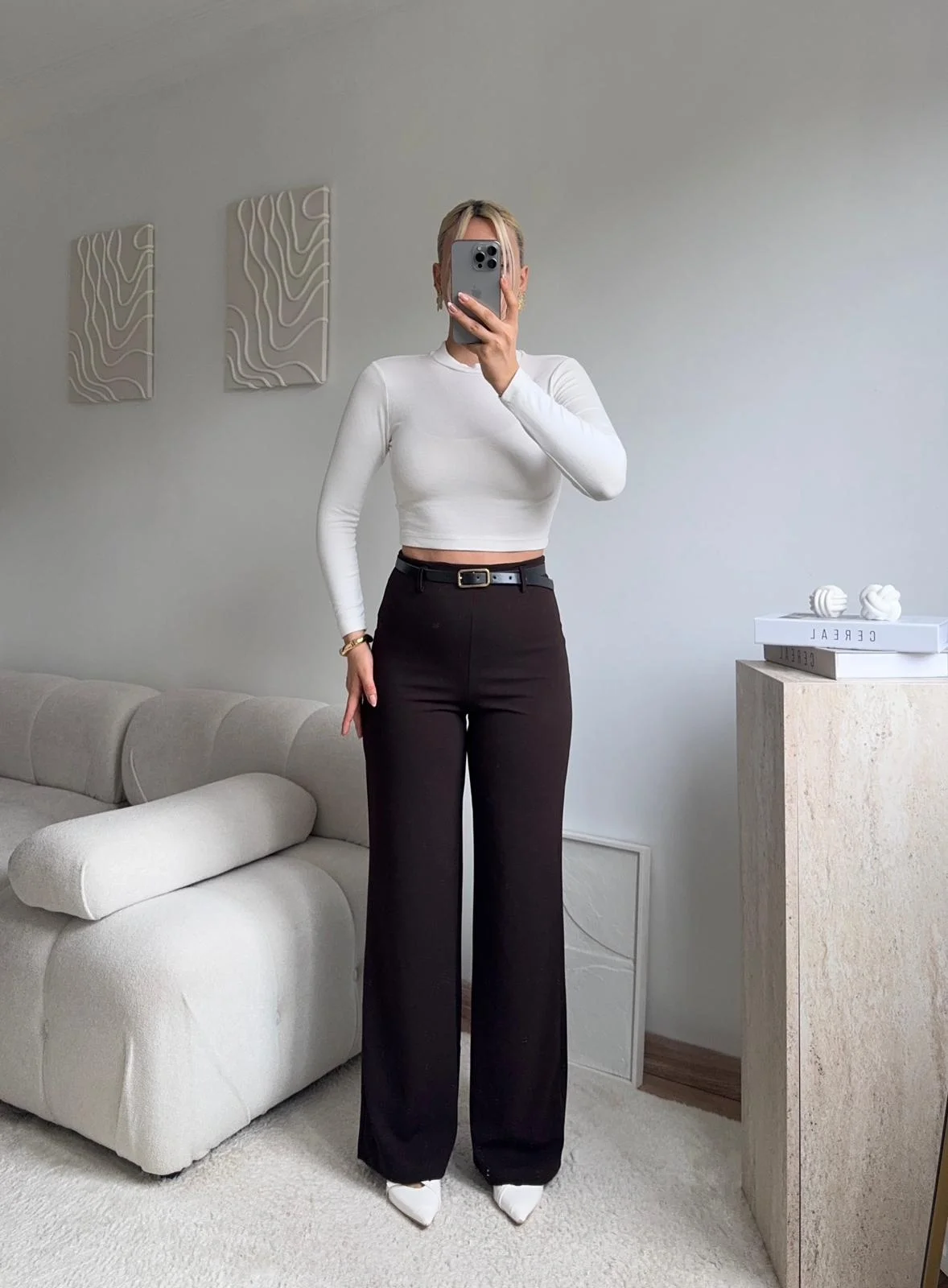 Yüksek Bel Geniş Paça Kumaş Pantolon - KAHVE