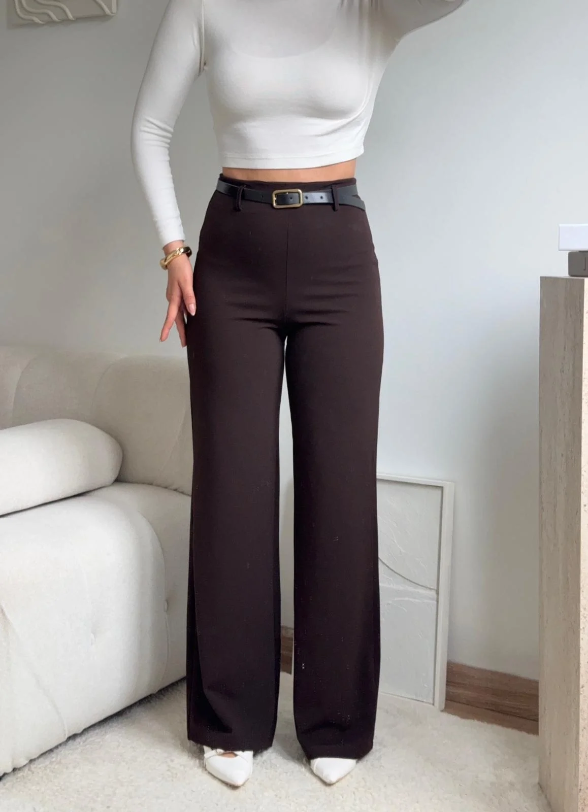 Yüksek Bel Geniş Paça Kumaş Pantolon - KAHVE