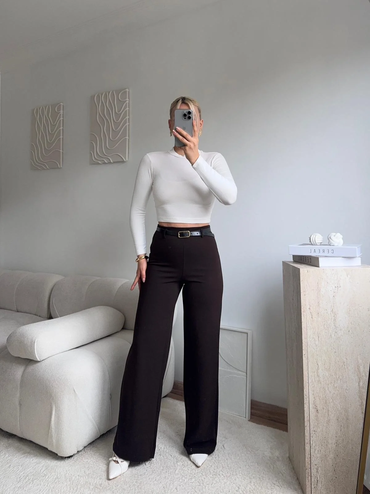 Yüksek Bel Geniş Paça Kumaş Pantolon - KAHVE