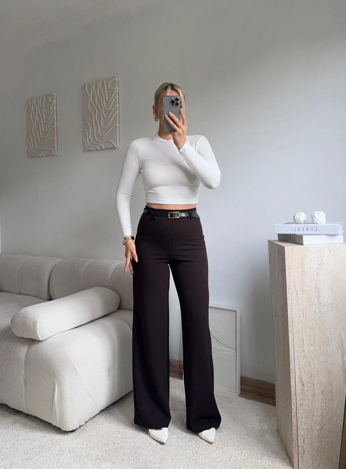 Yüksek Bel Geniş Paça Kumaş Pantolon - KAHVE