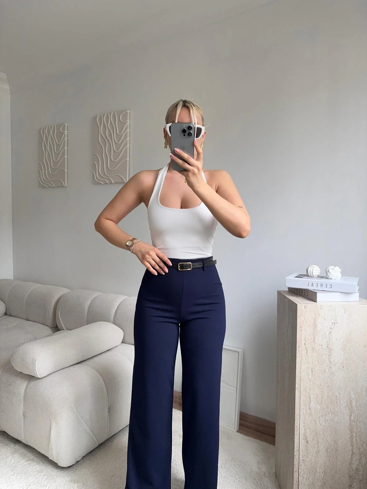 Yüksek Bel Geniş Paça Kumaş Pantolon - LACİVERT