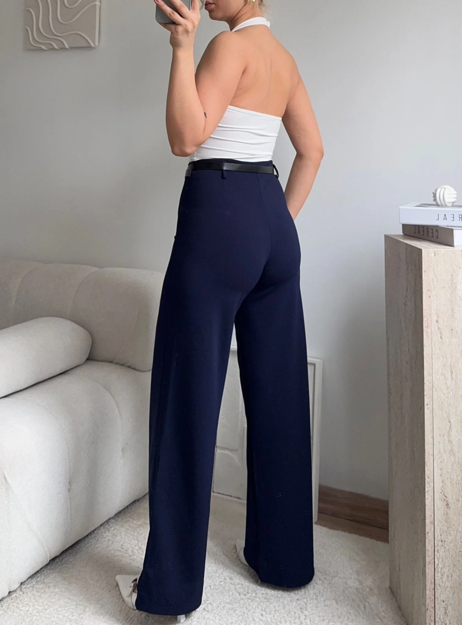 Yüksek Bel Geniş Paça Kumaş Pantolon - LACİVERT