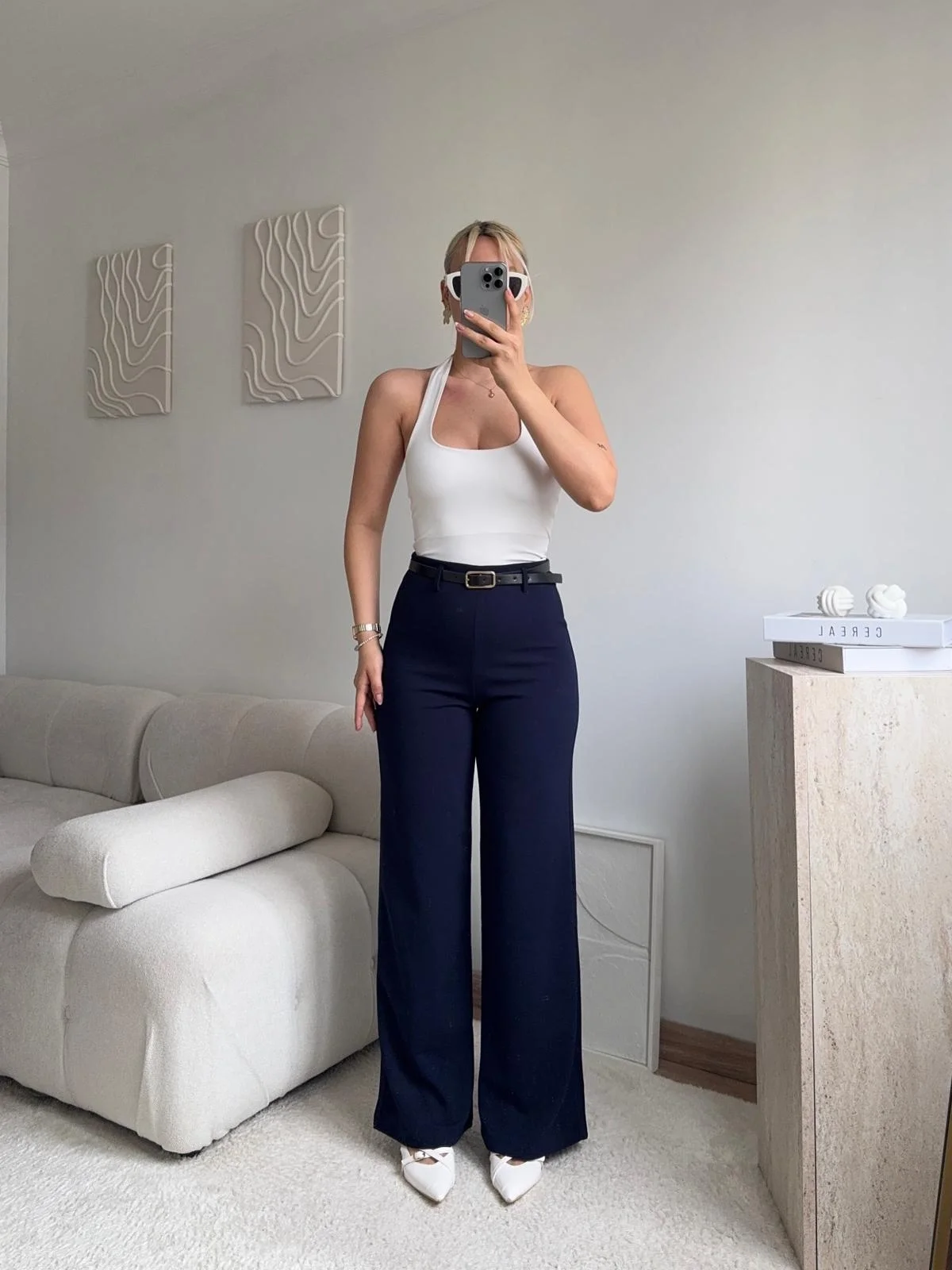 Yüksek Bel Geniş Paça Kumaş Pantolon - LACİVERT