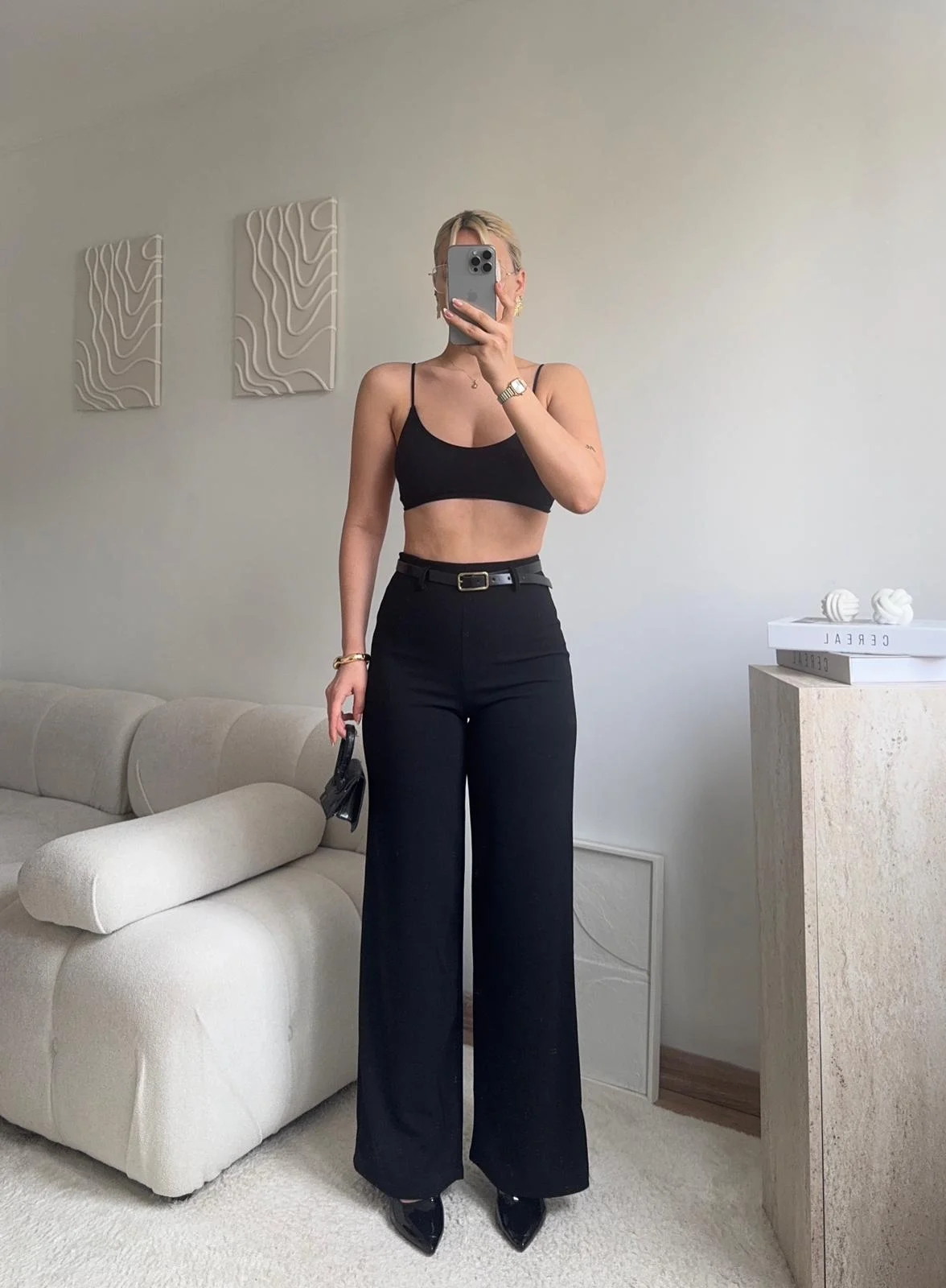 Yüksek Bel Geniş Paça Kumaş Pantolon - SİYAH