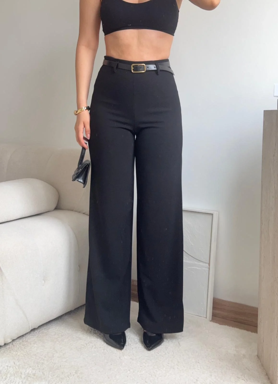 Yüksek Bel Geniş Paça Kumaş Pantolon - SİYAH