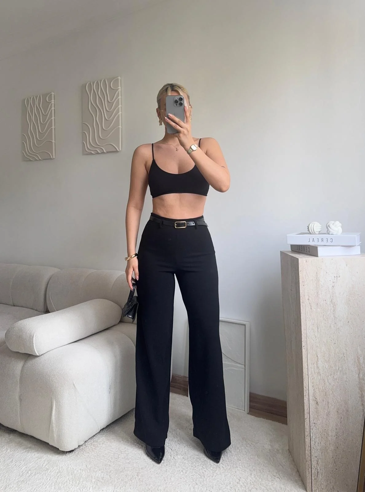 Yüksek Bel Geniş Paça Kumaş Pantolon - SİYAH