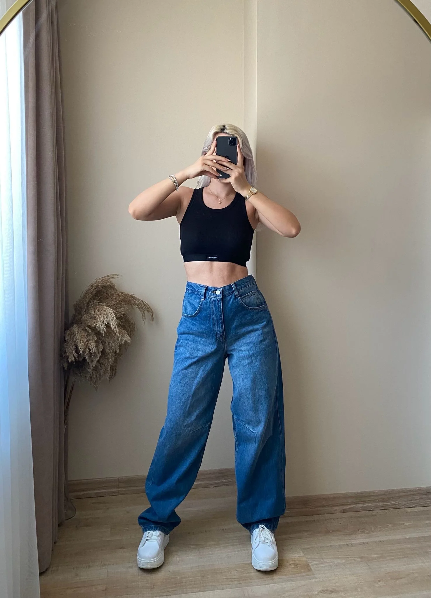 Yüksek Bel Kemer Tokalı Baggy Jean