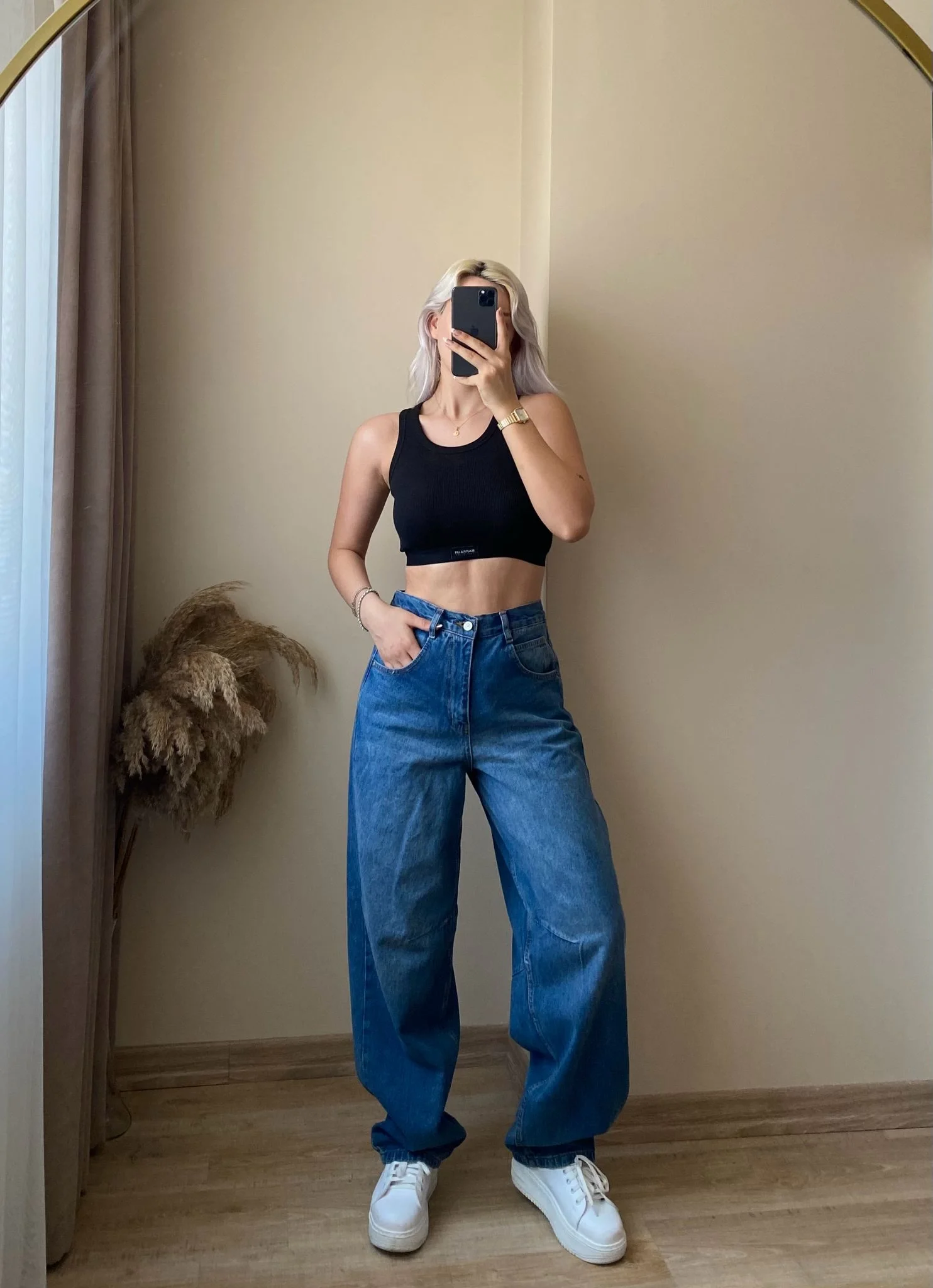 Yüksek Bel Kemer Tokalı Baggy Jean