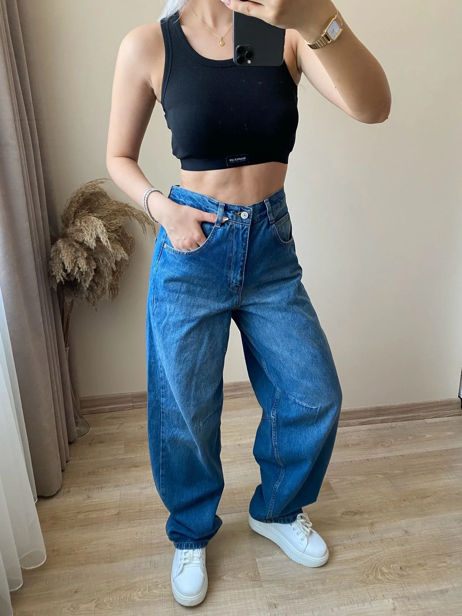 Yüksek Bel Kemer Tokalı Baggy Jean