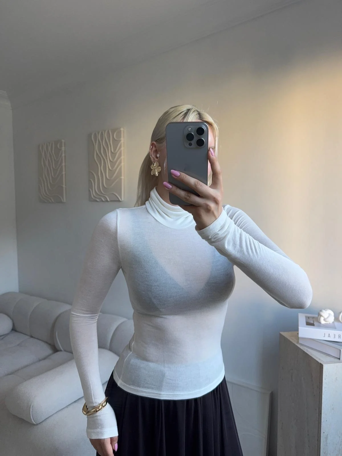 Yüksek Yaka Transparan Bluz- BEYAZ