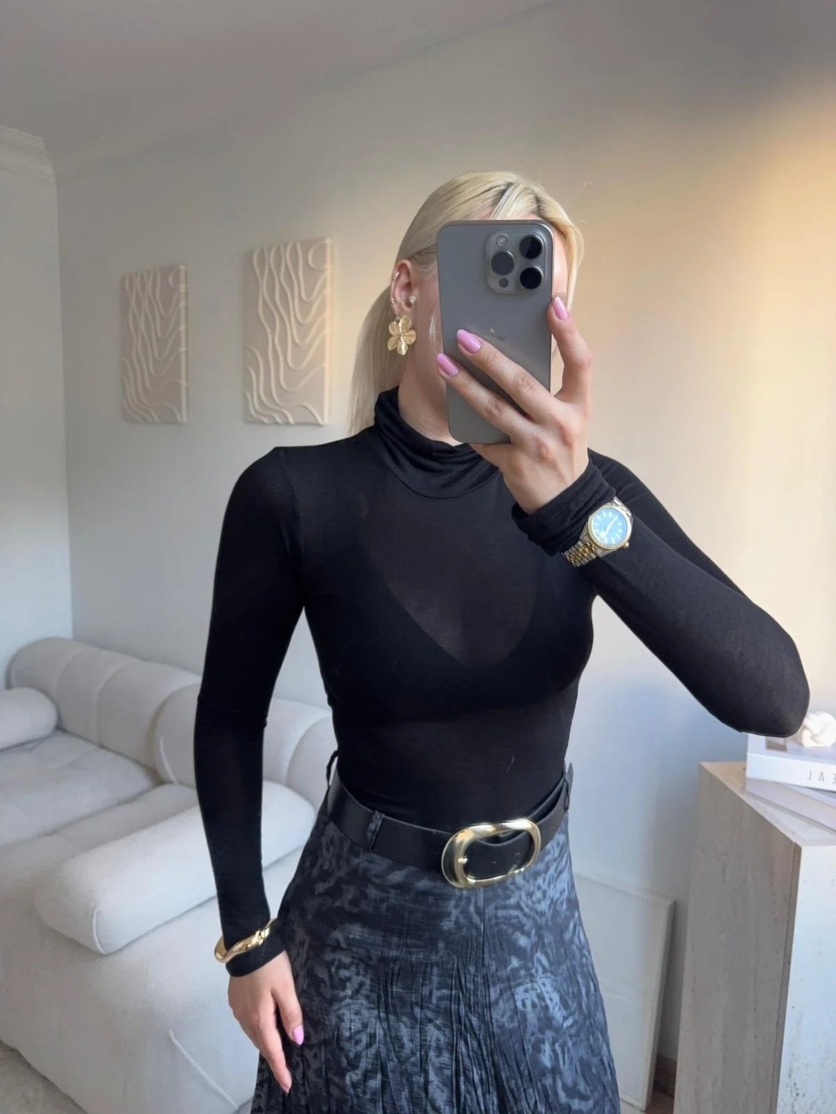 Yüksek Yaka Transparan Bluz- SİYAH