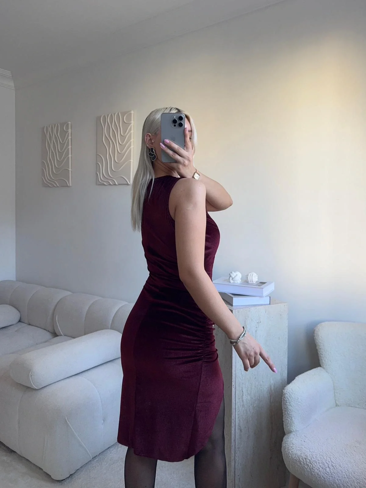 Zincir Aksesuar Kare Yaka Elbise - BORDO