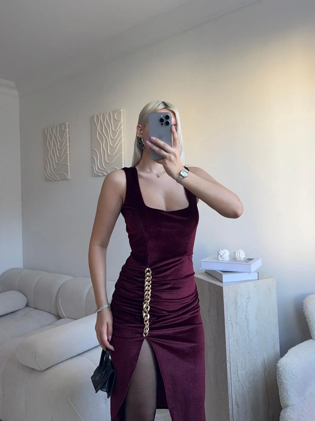 Zincir Aksesuar Kare Yaka Elbise - BORDO